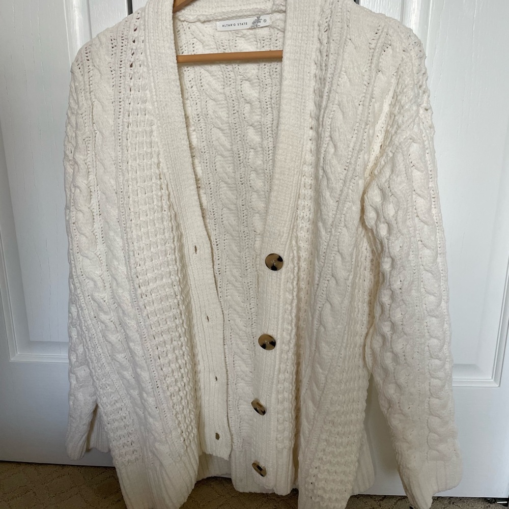 Altar'd State Cream Cable Knit Button-Up Cardigan